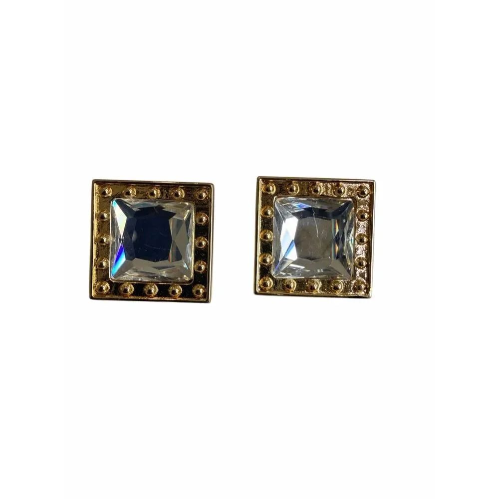 Vintage Gold Tone Square Crystal Statement Earrings Stud Large